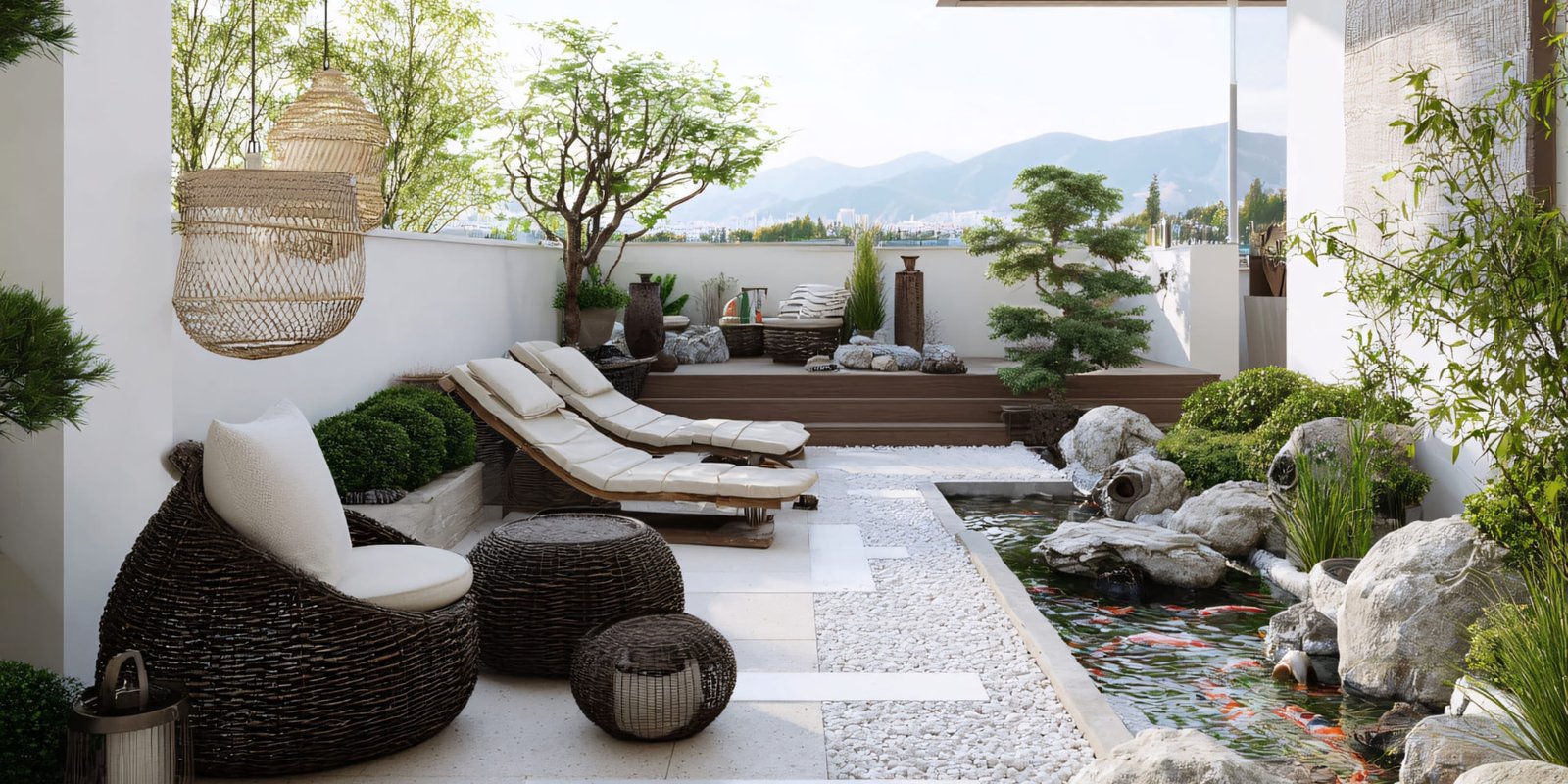 Outdoor terrace with woven lounge chairs, sun loungers and koi pond