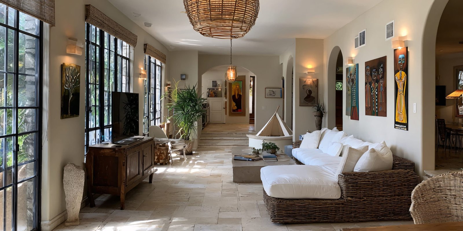 Sunlit hallway with woven daybed, console and gallery wall